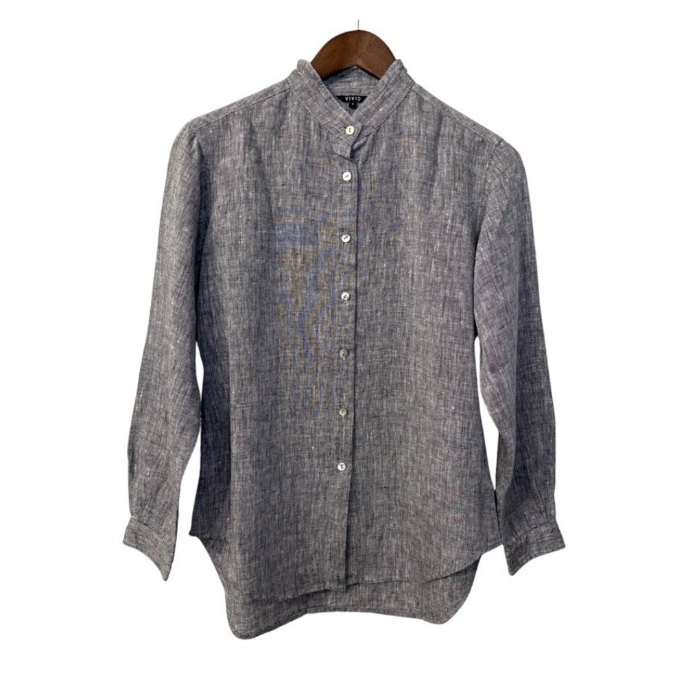 Vivid Linen button up shirt women's small gray two toned mandarin collar beach